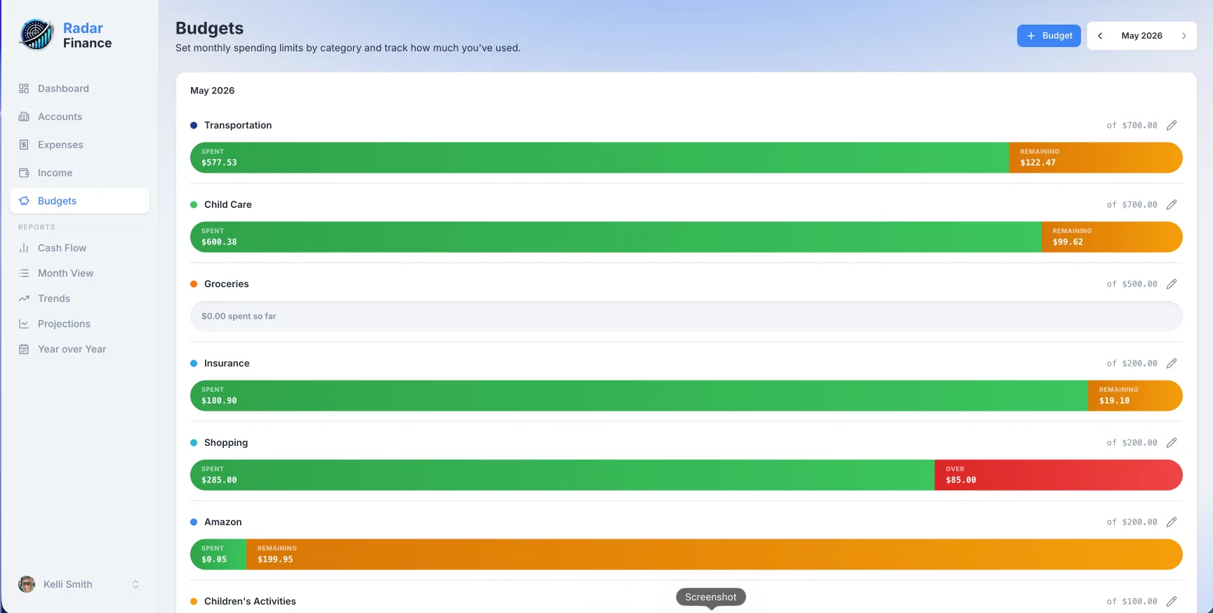 Monthly budgets with live spending bars by category