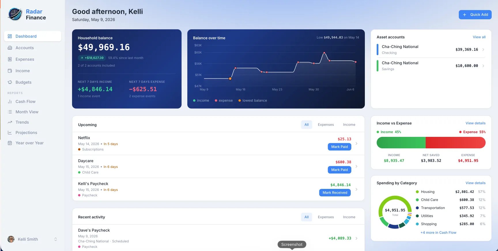 Radar Finance dashboard showing net worth, cash flow, accounts, and upcoming expenses