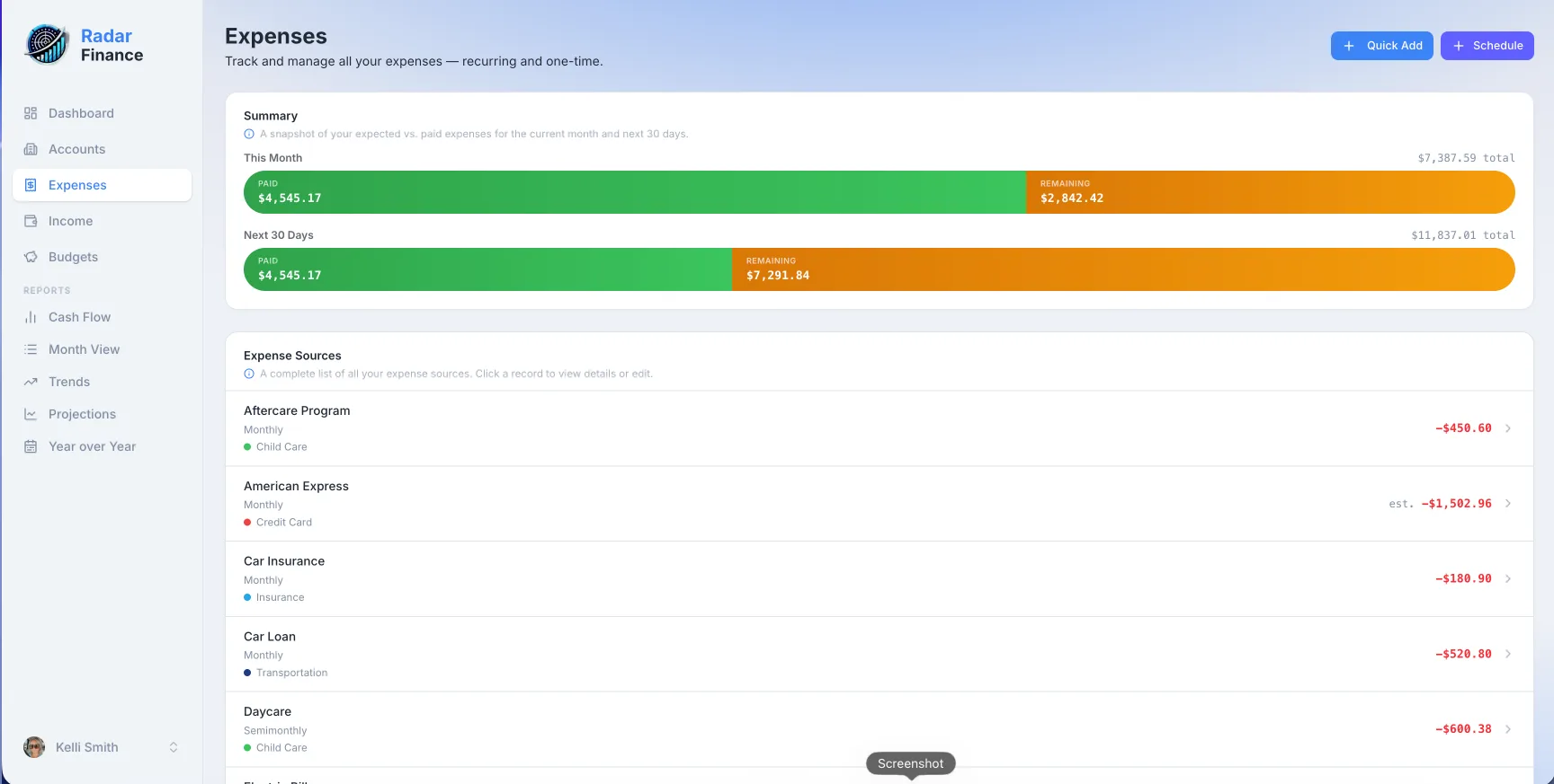 Income and expenses pages with summary, sources, and schedule