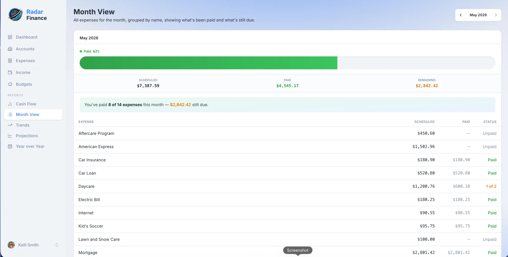 Month view with summary totals and a per-expense list showing paid and pending